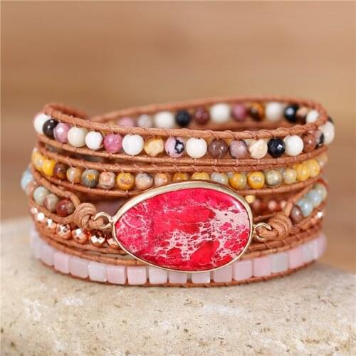 Handmade Boho Pink Natural Stone Charm 5 Rows Leather Beads Wrap Bracelet Crystal Statement Yoga Bracelet Gems Jewelry Wholesale