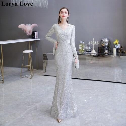Silver Mermaid Shiny Sequined Evening Dresses 2020 Women Elegant Tassel Long Sleeves Formal Party Night Prom Gown Robe De Soiree