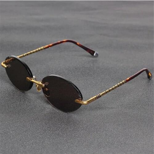Vazrobe Rimless Sunglasses Male Women Oval Sun Glasses for Men Brown Natural Crystal Glass Lens Anti-eye-dry Vintage Shades