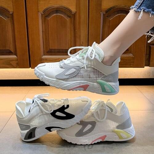 Shoes For Women 2021 Fashion Breathable Mesh Stitching Leather Casual Shoes Pu Material Flats Tennis Shoes Beige Sneakers
