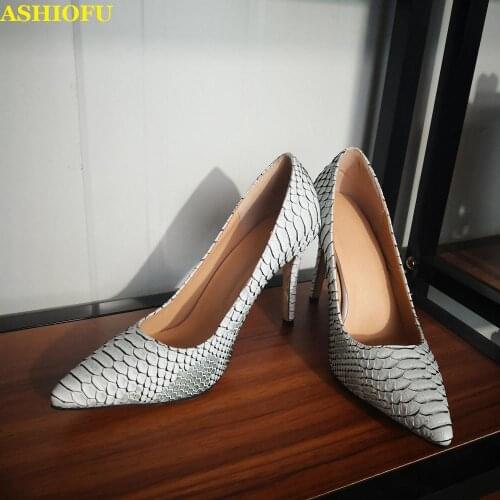 ASHIOFU Handmade Ladies High Heel Pumps Fishskins Style Slip-on Dress Shoes Party Office Pointy Large Size Fashion Court Shoes