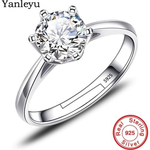 Yanleyu Classic Wedding Rings for Women 6 Claws Round Cubic Zirconia Ring 925 Sterling Silver Engagement Jewelry Open Ring PR294
