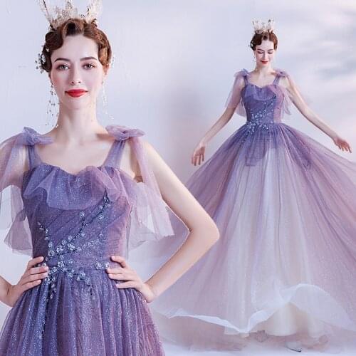 New long purple sparkle lady girl fairy prom dress party evening dancing performance dress gown free shipping