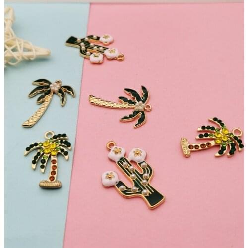 10pcs Rhinestone Coconut Tree Alloy Enamel Charms Plant For Jewelry Making DIY Pendants fit Bracelet Necklace Accessories FX310