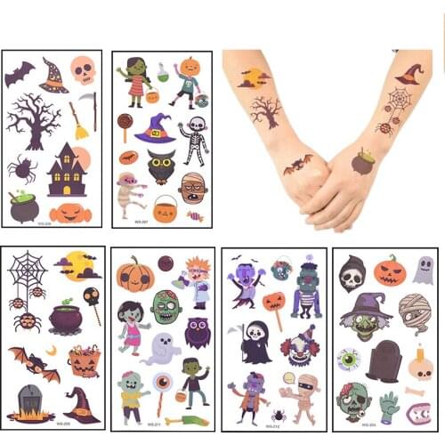 6pcs Halloween Decoration Cartoon Tattoo Pumpkin Ghost Witch Bat Tattoos Stickers Waterproof Temporary Masquerade Party Supplies