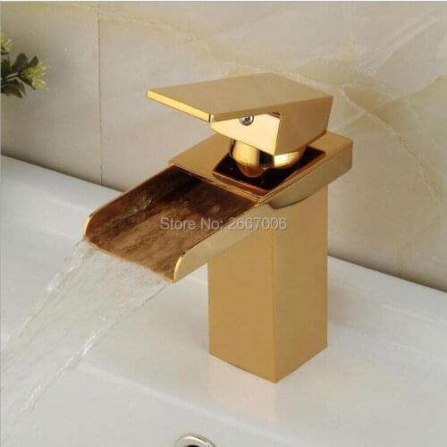 Free Shipping Lavatory Waterfall Solid Brass Golden Bathroom Sink Faucet Single Handle Faucet Toilet Washbasin Water Taps ZR502