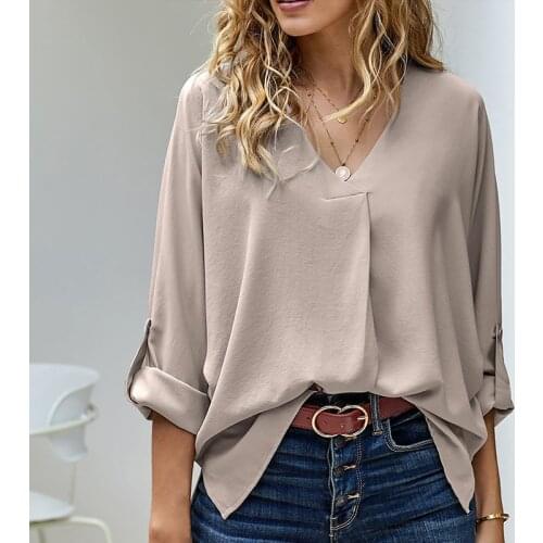Chiffion V-neck Solid Women Shirt Blouse Long Sleeves Casual Loose Simple All Match Lady Blouses For Streetwear Summer New 2021