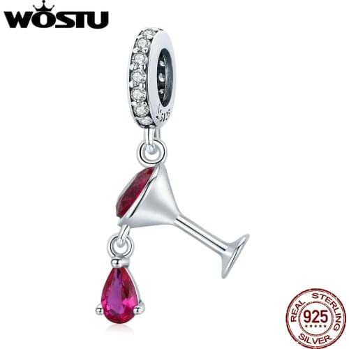WOSTU 2021 925 Sterling Silver Disco Dangling Red Wine Glass Pendant Charm Beads Fit Original Bracelet DIY Jewelry CQC1997