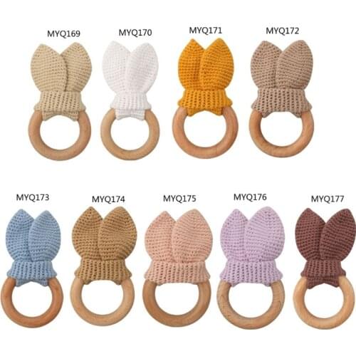 BPA Free Crochet Wooden Ring Baby Teether Cute Bunny Rattle Infant Teething Toy P31B