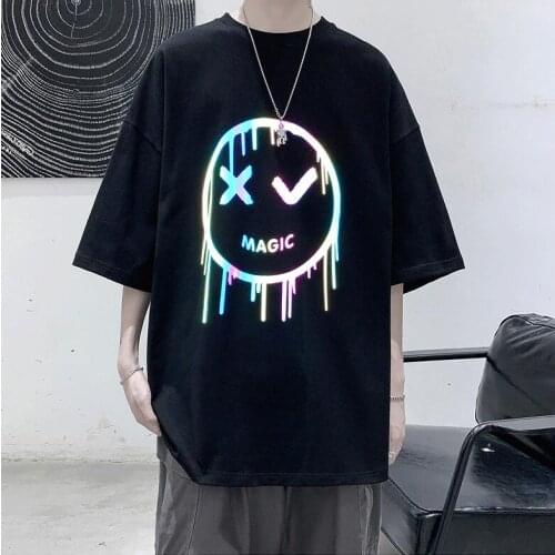 Unisex T-shirt Tops Tees Men Women Reflective Smiling face Print Harajuku Ins Style Oversize Short Sleeves Couple Clothes