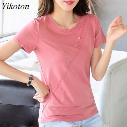 Women 100% Cotton T-Shirts Work Ladies O-Neck T Shirt Pink Black White Shirts Buttons Short Sleeve Top Female Slim Plus Size 3XL
