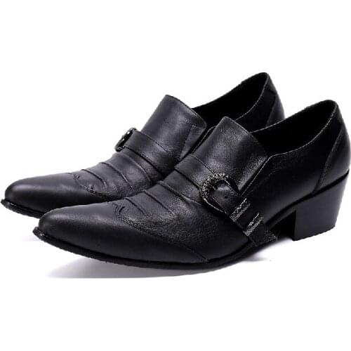 High heels italian mens shoes oxford shoes for men buckle pointed toe dress shoes black genuine leather zapatos hombre vestir