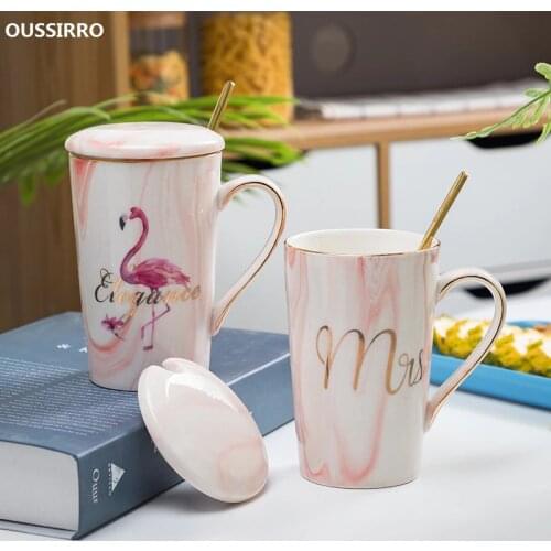 OUSSIRRO Flamingo Pattern Natural Marble Porcelain Coffee Mug Mr and Mrs Tea Milk Cup Creative Wedding Anniversary Gift