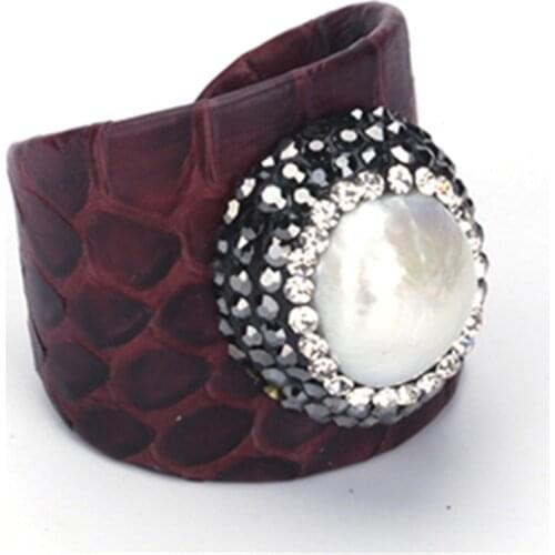 Big Natural Freshwater Pearl Bead Rhinestone Wrap Charm Dark Purple Brown Red Real Snake Leather Adjustable Open Ring Cuff Women