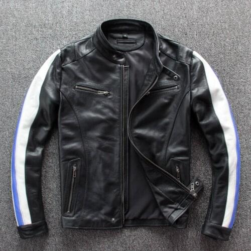 Genuine Mens Casual Jacket Stand Collar Zipper Packet Motorcycle Biker Cowhide Real Leather Coat S-3XL