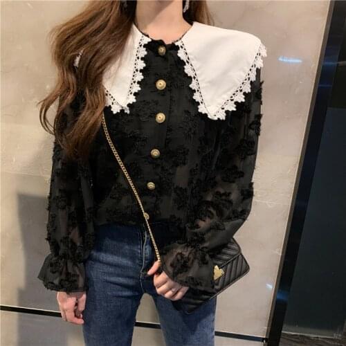 Mazefeng New 2020 Spring Womens Blouse Chiffon Doll Collar Single-breasted Patchwork Flare Sleeve Transparent Casual