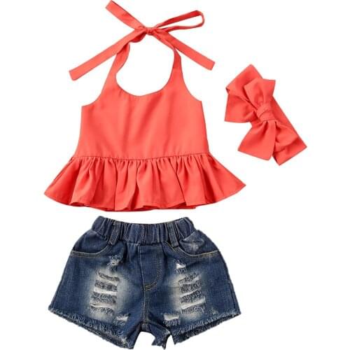 New Toddler Baby Girls Summer Clothes Ruffle Tied Neck Top Short Denim Headdress 3pcs 1-6 Years