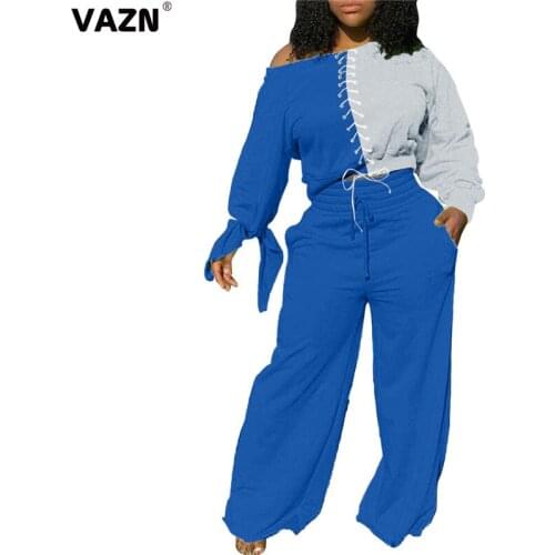 VAZN 2020 Autumn Hot High-end Novelty Sexy Cross Bandage Full Sleeve High Waist Wide Leg Long Pants Slim Women 2 Piece Set