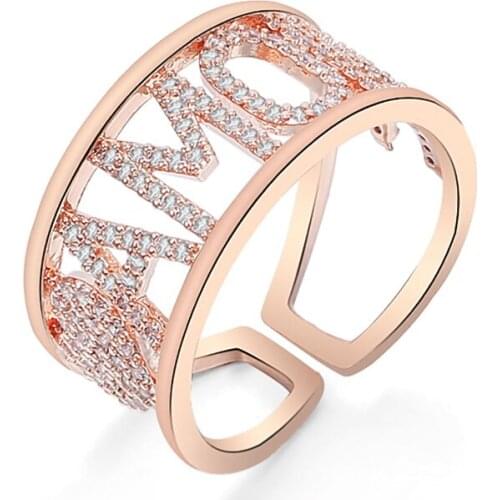 Engagement Rings for Women CZ Zircon One Size Open Ring Rose Gold Alphabetic Luxurious Jewelry Lover Anniversary Gift 2021