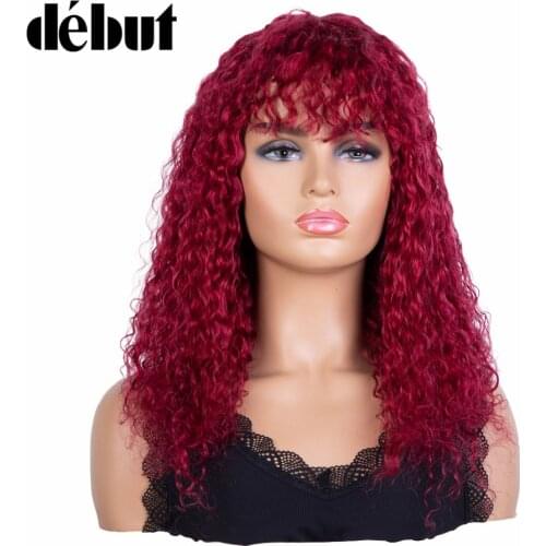 Debut Glueless Curly Human Hair Wig With Bangs Kinky Curly Wigs For Women Burg Ombre Colored Cheap Brazilian Jerry Curly Wigs
