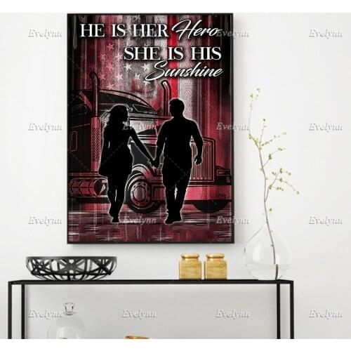 She Is His Sunshine Poster, Trucker Lifestyle Trucker Lover, Gift For Trucker, Home Decor Canvas Wall Art Prints Floating Frame