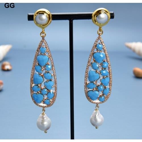 GG Jewelry Natural Cultured White Keshi Pearl Bezel Set Turquoises Blue Cats Eye Flower Stud Earrings For Women