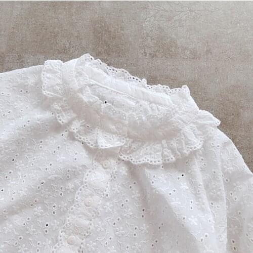 Lamtrip Unique Super Sweet Lolita Little Flowers Embroidery Ruffles Kawaii White Fairy Hollow Out Long Sleeve Shirt Blouse 2021