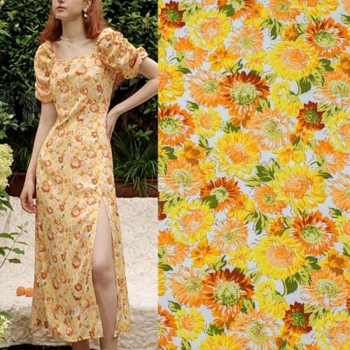 Yellow Sunflowers On White Cotton Fabric For Dress Tissus Au MÈTre Telas Algodon Estampadas Sewing Ткань Для Шитья Vestidos Tela