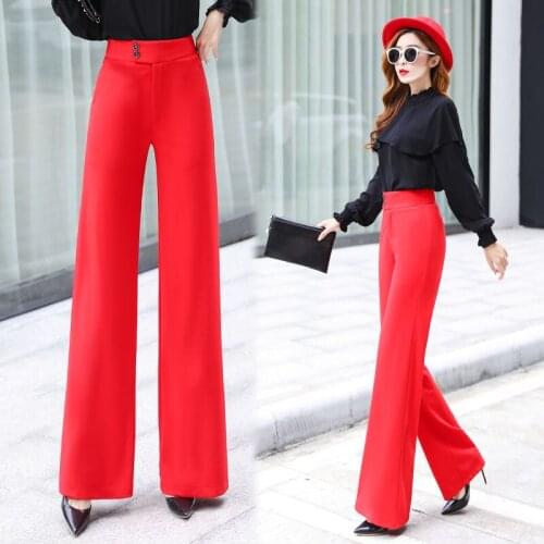 Women Pants Wide Leg Thin Female Trousers Womens Polyester red Slim Straight Flare Pants High Waist Long Trousers