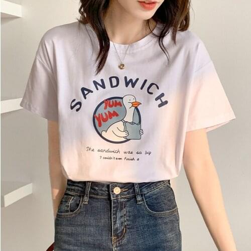 Cartoon Print T-shirts Women Summer 2021 Graphic Tees Funny Shirts For Woman Tshirts Loose Crew Neck Harajuku Tops Cute Black