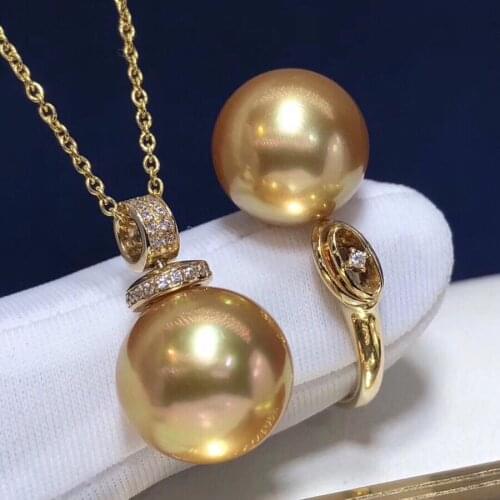 1028 Fine Jewelry 18K Gold Natural Ocean Golden Pearl 10-13mm Females Jewelry Sets for Women FIne Jewelry Sets