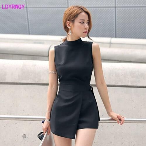2021 summer new Korean fashion slim slimming irregular womens black jumpsuit Sashes Skinny