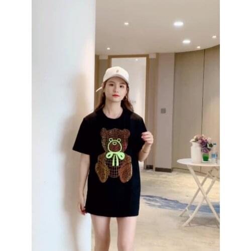 Spring and summer new heavy industry bear color hot diamond short-sleeved wide dress missing wind loose round neck T-shirt women