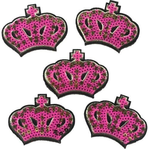 10 PCS Pink Crown Sequined Patches for Clothes Sew Iron on Sequin Embroidery Applique Sewing DIY Wedding Decoration