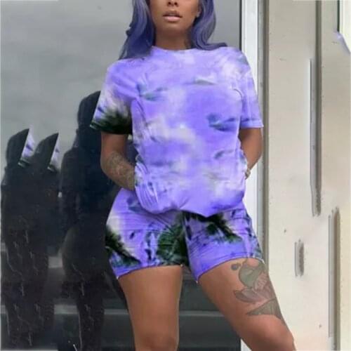 2021 Fashion Tie-Dye Suit Short Sleeve Top and Pants Sports Sweatshirt Set O-Neck Casual Joggers Biker Shorts Streetwear Outfit