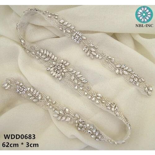 30pcs)Wholesale bridal sash hand beaded sewing clear opal crystal rhinestone appliques iron on for wedding dresses WDD0683
