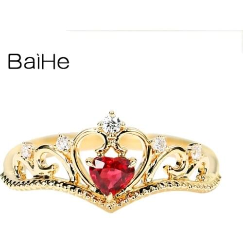 BAIHE Solid 14K White/Yellow/Rose Gold 0.22ct Heart Natural Ruby 0.06ct Natural Diamonds Fine Jewelry Crown Ruby Diamond Ring