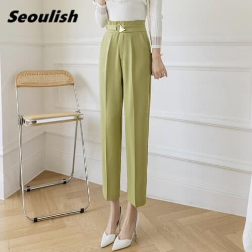 Seoulish 2021 New Spring Summer Formal Womens Harem Pants Solid High Waist Button Female Workwear Elegant Ankle Length Trouses
