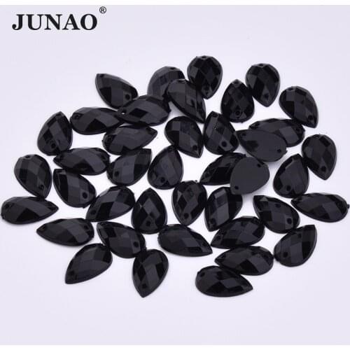 JUNAO 8x13mm Black Crystal Drop Rhinestones Sewing Flat back Gems Acrylic AB Crystals Stones Sew On Strass for Clothes Crafts