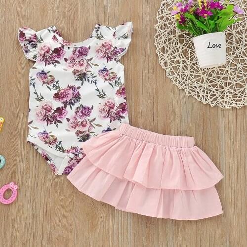 Baby Girls Flower Allover Bodysuit and Solid Tiered Skirt