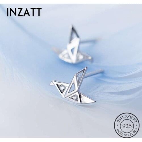 INZATT Real 925 Sterling Silver Zircon crane Stud Earring For fashion Women part Cute Fine Jewelry minimalist Accessories Gift