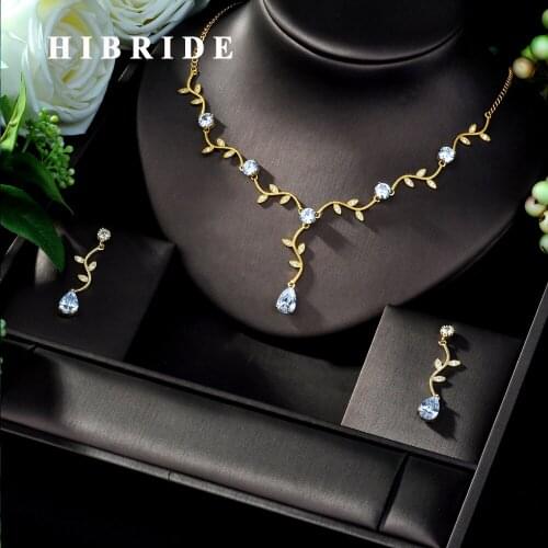HIBRIDE CLEAR BEST QUALITY BRILLIANT CRYSTAL ZIRCON EARRINGS AND NECKLACE BRIDAL JEWELRY SET WEDDING DRESS ACCESSARIES N-201