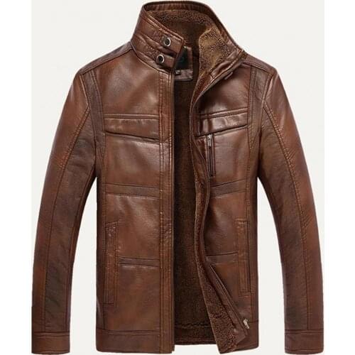 Fashion Men Jackets Long Sleeve Stand Collar Faux Leather Fleece Lined Zip Warm Short Jacket куртка мужская весна 2021