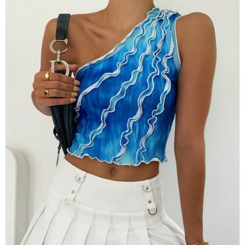 Musuos Female Summer Ruched Vest Tank Tops Printed Single Shoulder Sleeveless Sim Fit Pullovers Women Casual Streetwear Crop Top