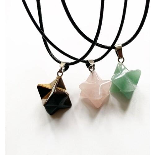 Merkaba Star Crystal Pendant Geometric Necklace Women Black Rope Chain Spiritual Healing Crystal Necklace Pink Green 1pc