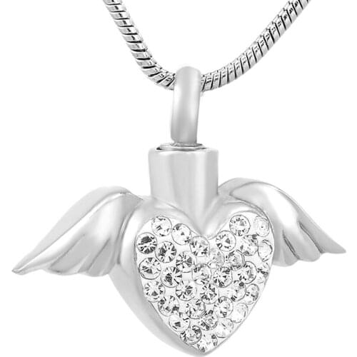 MJD9770 Crystal Angel Wings Heart Cremation Ashes Holder Lovely Urn Pendant Necklace for Women