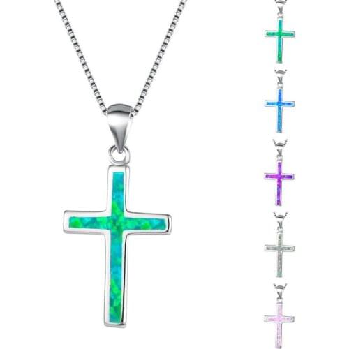Simple Style Cross Style Pendants Necklaces Fashion Silver Color Choker Necklace Blue White Fire Opal Necklaces For Women
