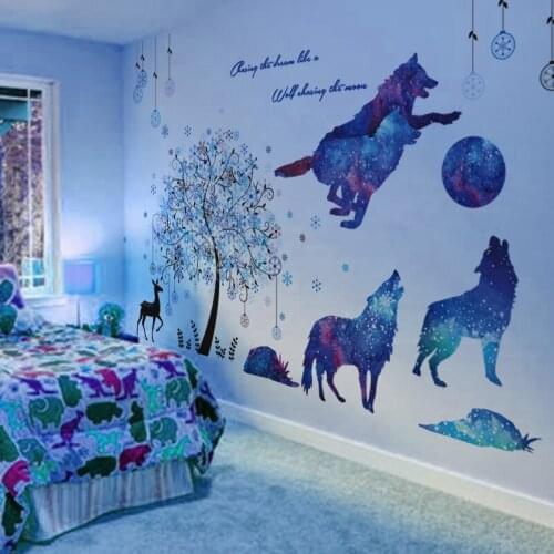 [shijuekongjian] Trees Deer Wall Stickers DIY Wolf Animal Mural Decals for Living Room Kids Bedroom Nursery House Decoration