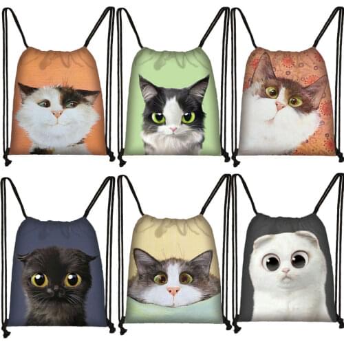 3D Lovely Cat Head Painting Drawstring Bag Cat Cartoon Printing Backpack Girl Shopping Bags Multi-function Portable Shoes Bag