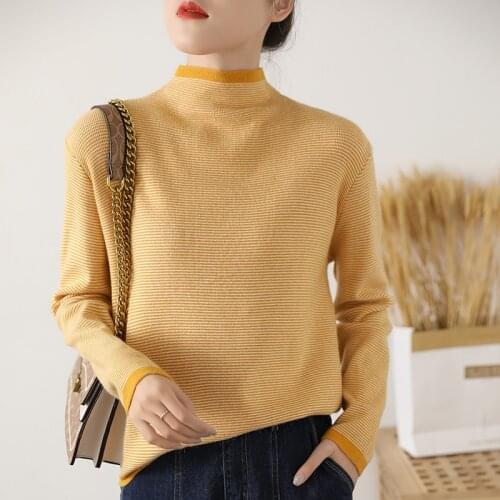 Autumn And Winter Women Warm Sweater Cashmere Wool Half-high Collar Pullover Fashion Style Long Sleeve Stripe Warm Sweater